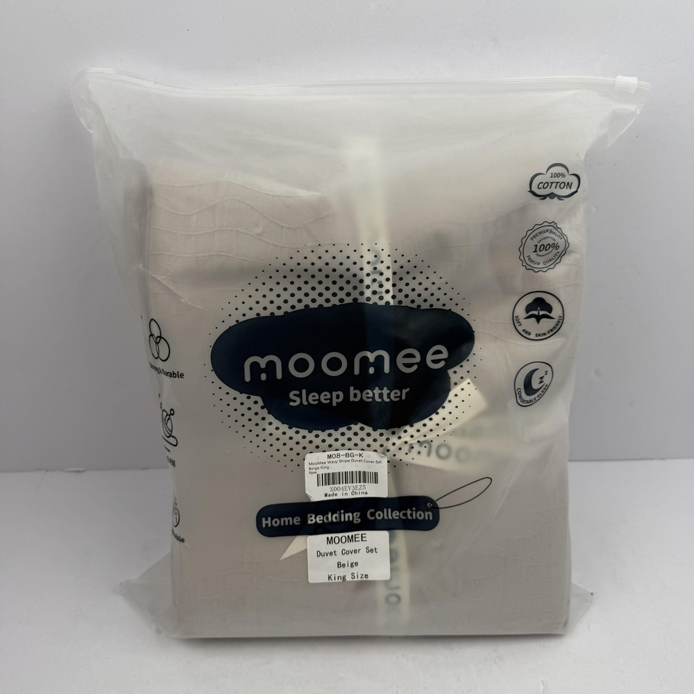 MooMee King Duvet Cover Set 100% Cotton Beige Wavy Stripe Soft Breathable Modern